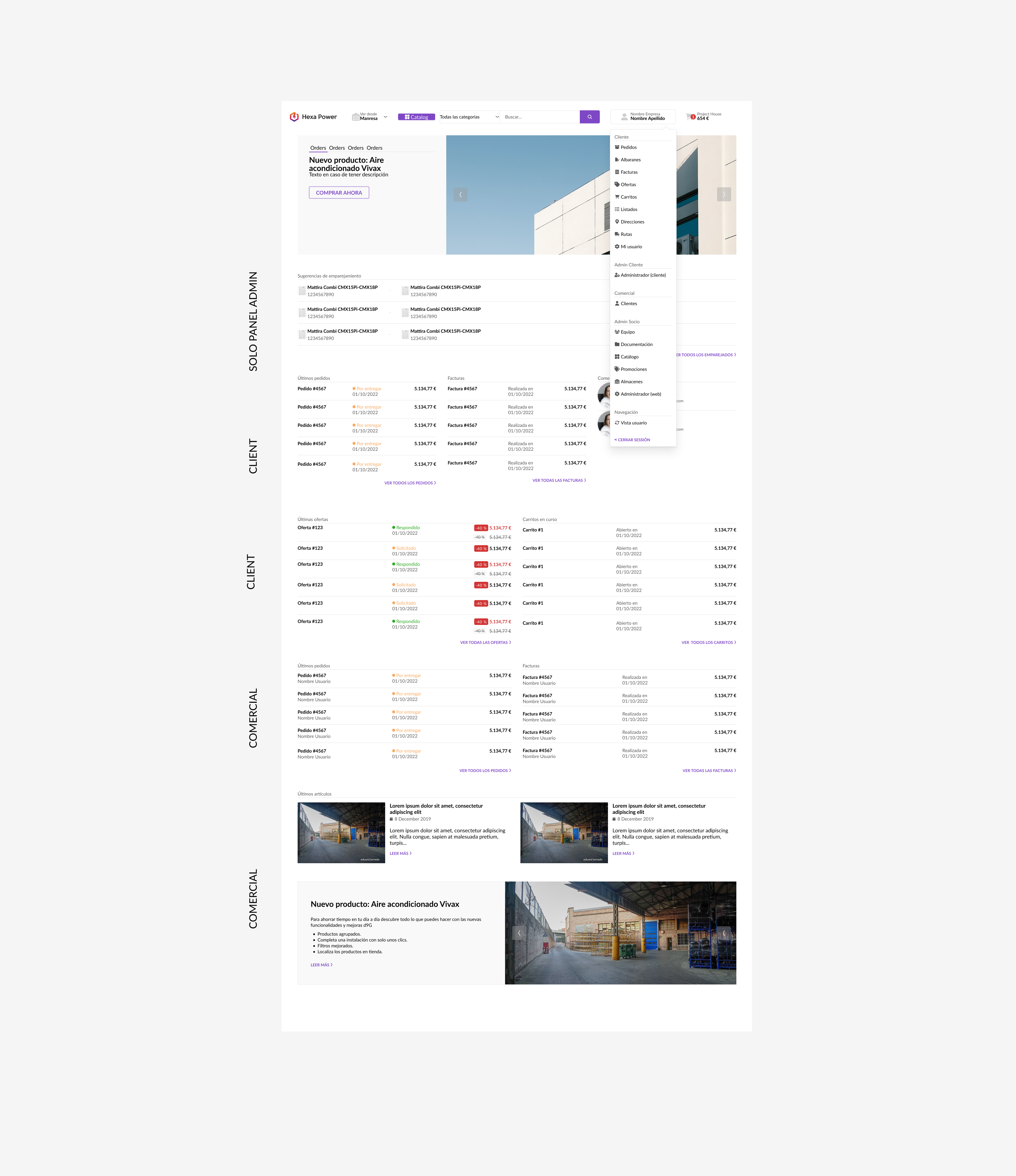 9Grup dashboard by user role — admin, client and comercial views