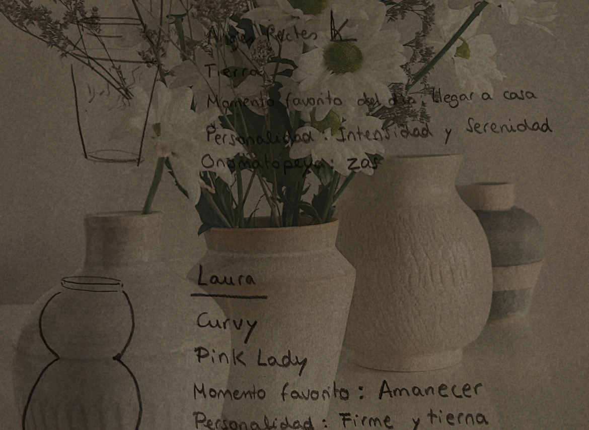 Handmade ceramic vases with handwritten customer research notes