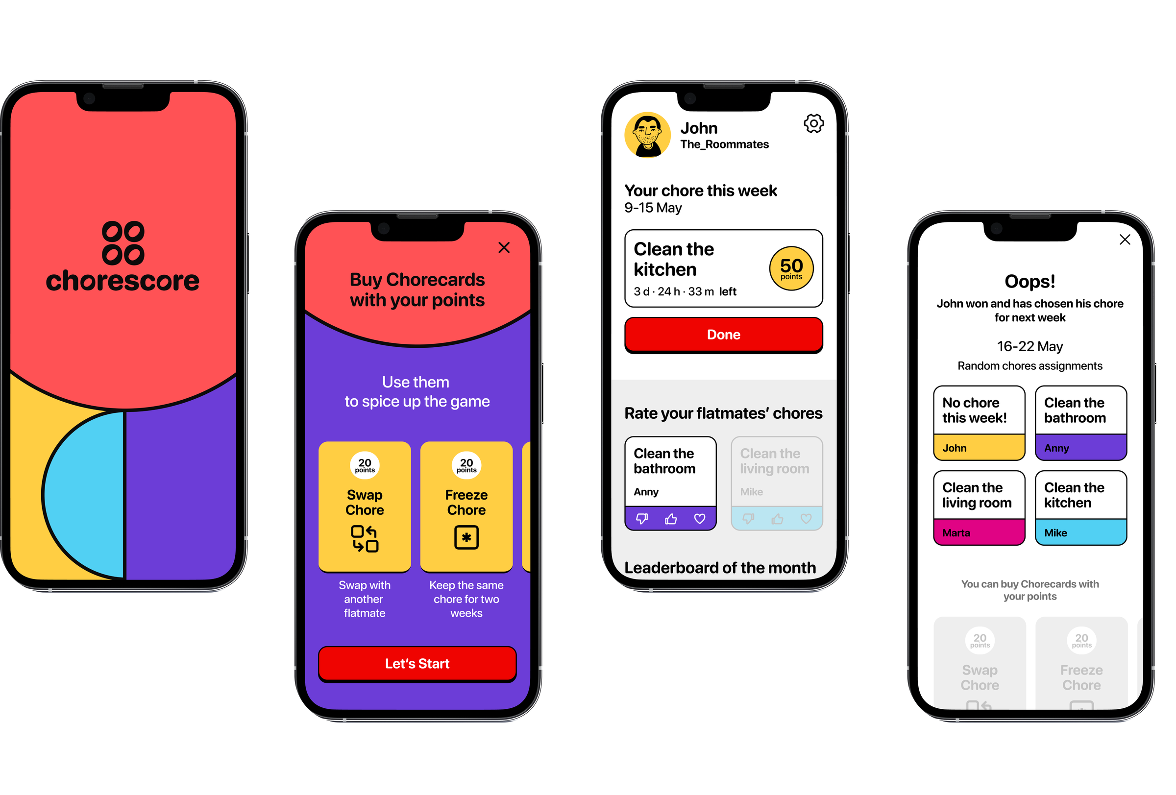 Chorescore screens: splash, Buy Chorecards, weekly chore with flatmate ratings, and random chore assignment results
