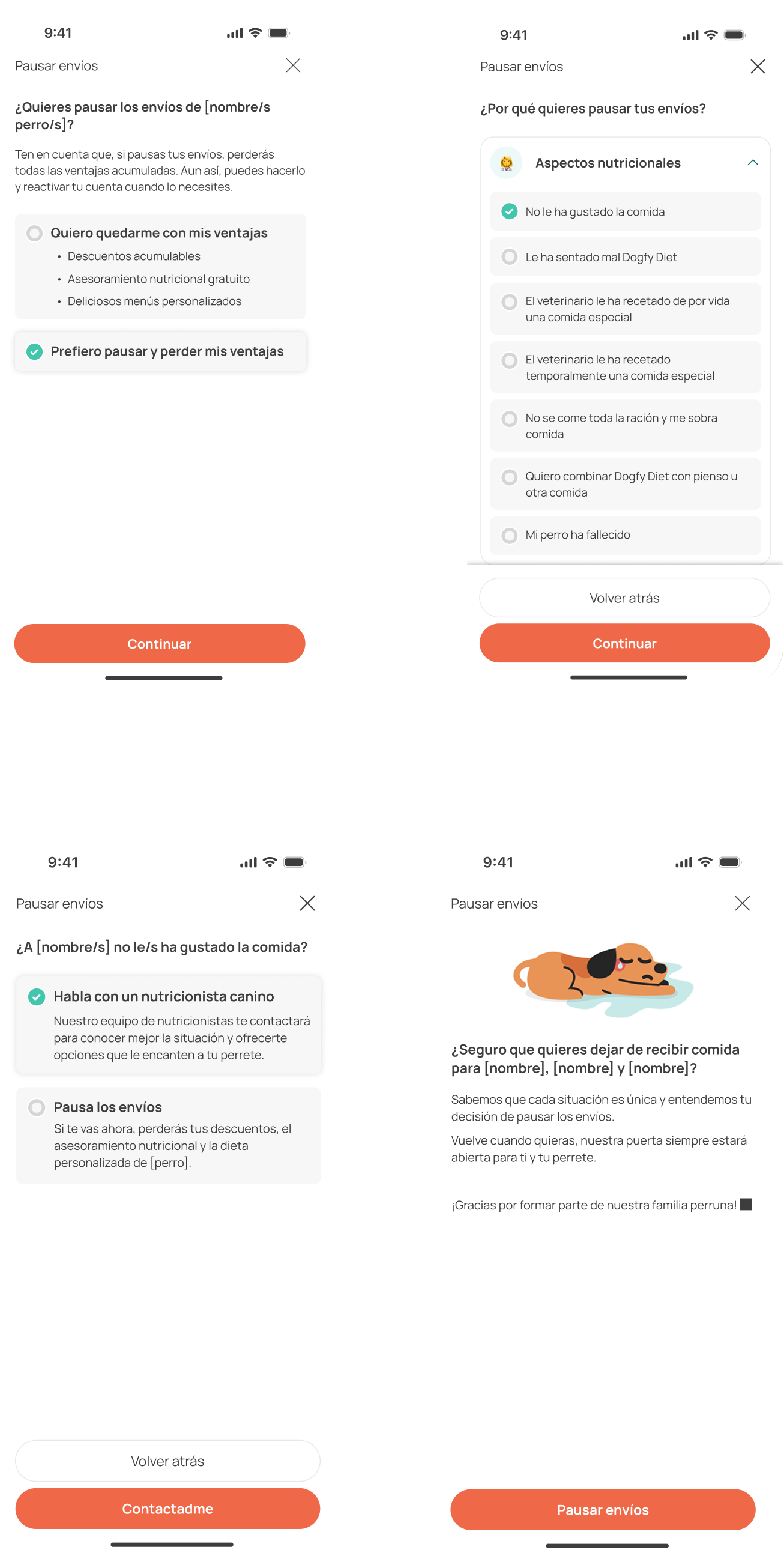 Cancellation flow before the redesign — full mobile screens: keep-benefits vs. pause consent, single nutritional-aspects accordion, nutritionist-vs-pause choice, and final pause confirmation