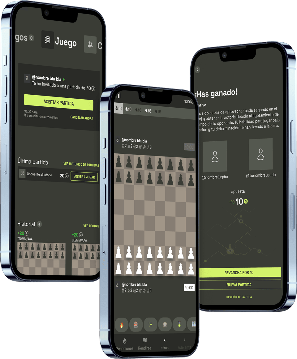 Glashh app across three phones: dashboard, an active match and the win screen