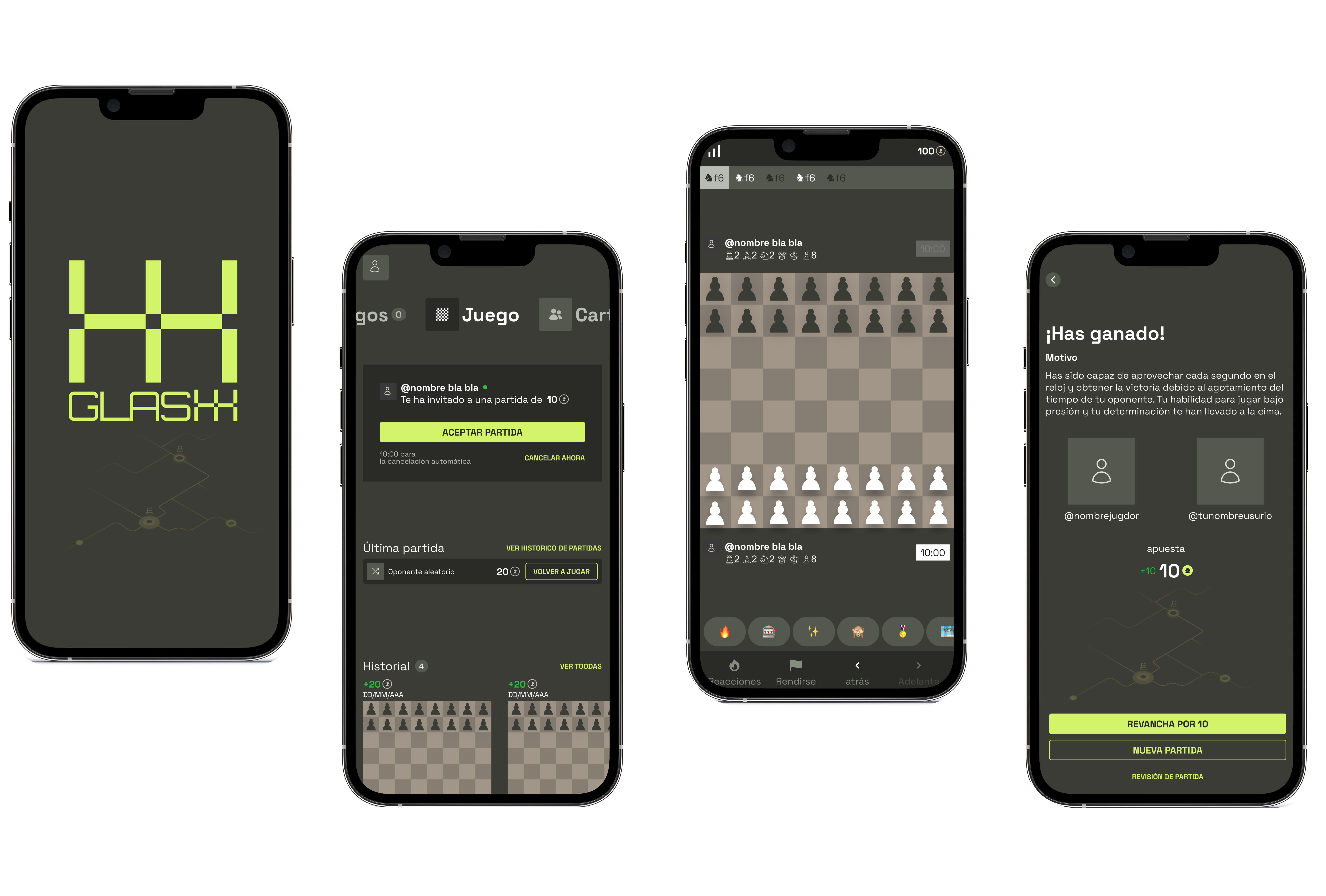 Glashh across the full flow: splash, invite, live match and win screen